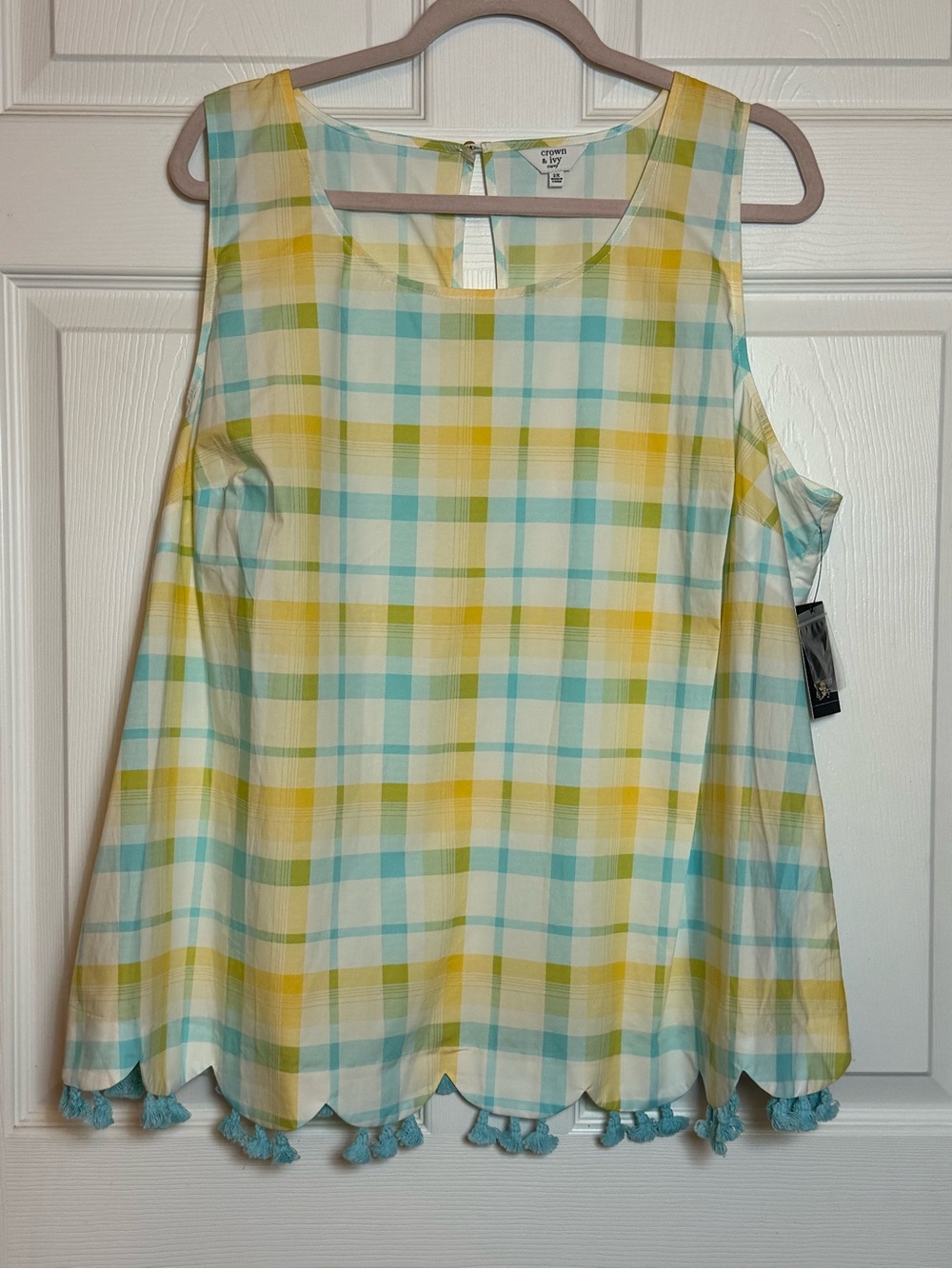 crown & ivy Yellow and Aqua Plaid Scallop-Hem Tank with tassels